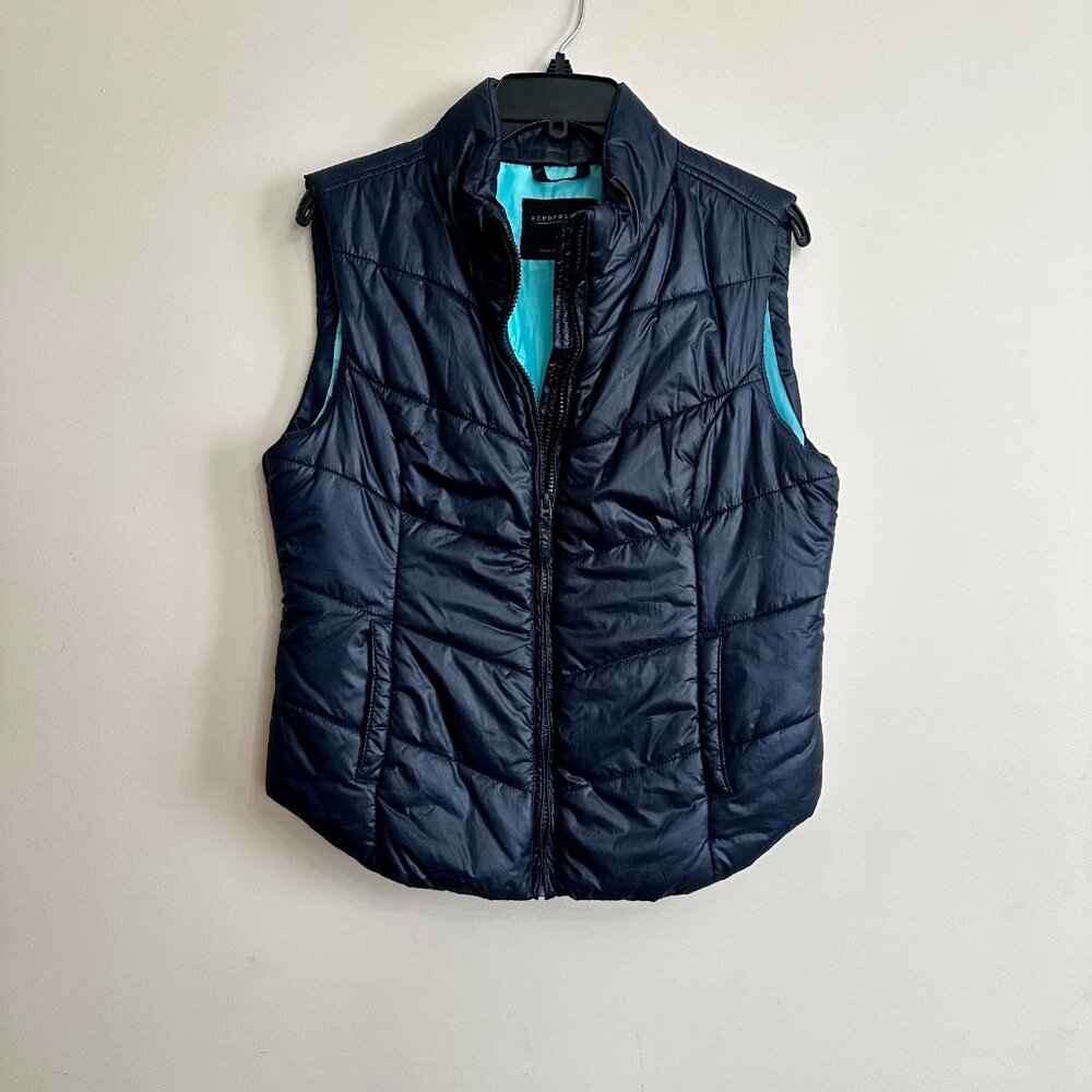 Aeropostale Navy Quilted Puffer Vest L Aqua Lined Lightweight Layering - Picture 9 of 9